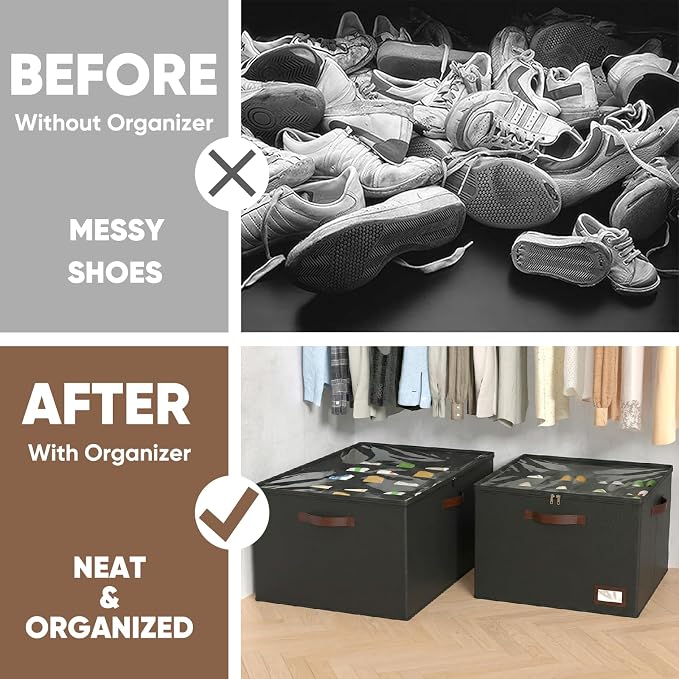 OIAHOMY 2 Pack Shoe Organizer for Closet, Large Foldable Shoe Storage Bins with Dividers and Reinforced Handles, Each Clear Cover Sneaker Box Fits Up to 16 Pairs for Entryway and Bedroom, Black - Image 7
