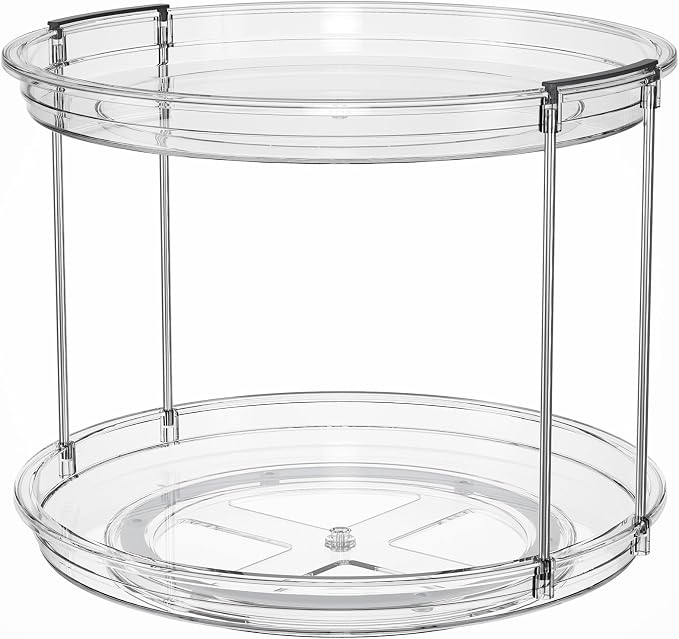 LAMU Rotating Makeup Organizer for Vanity, 10.6in 2 Tier Lazy Susan Turntable Stackable Spinning Skincare Organizer Cosmetic Perfume Tray Display for Bathroom Counterop, Large Capacity, Clear - Image 9