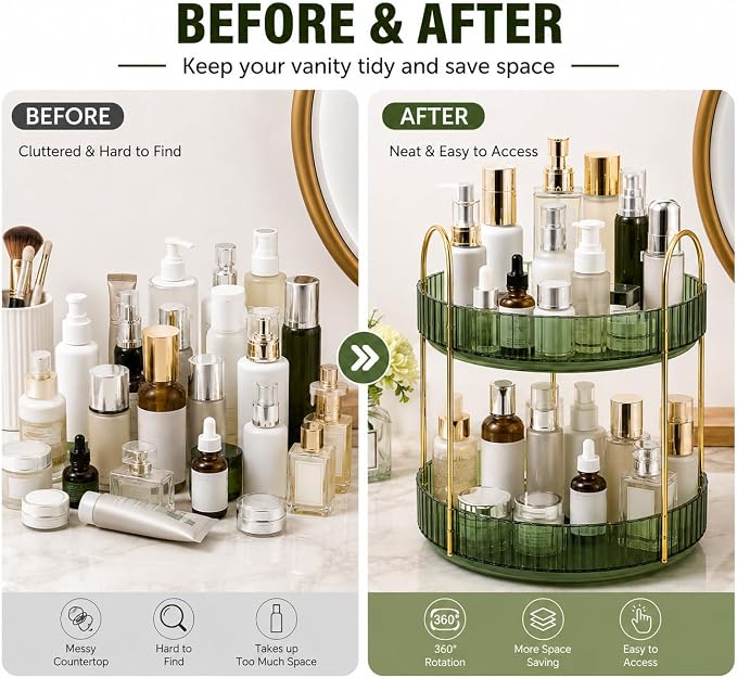 360° Rotating Organizer, Lazy Susan Bathroom Counter Organizer for Perfume, Skincare, Makeup & Cosmetic Storage, Vanity Countertop Organizer, Green, 2-Tier - Image 7