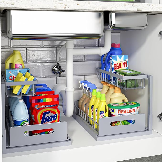 REALINN Under Sink Organizer, L-Shaped 2 Tier Pull Out Cabinet Organizer by REALINN