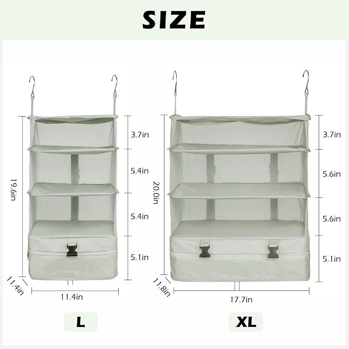 Surblue Hanging Closet Storage Bag Collapsible 3-Shelf Washable Oxford Fabric with 2 Hooks (L 11.41 * 11.41 * 19.68in, Light Gray) - Image 2
