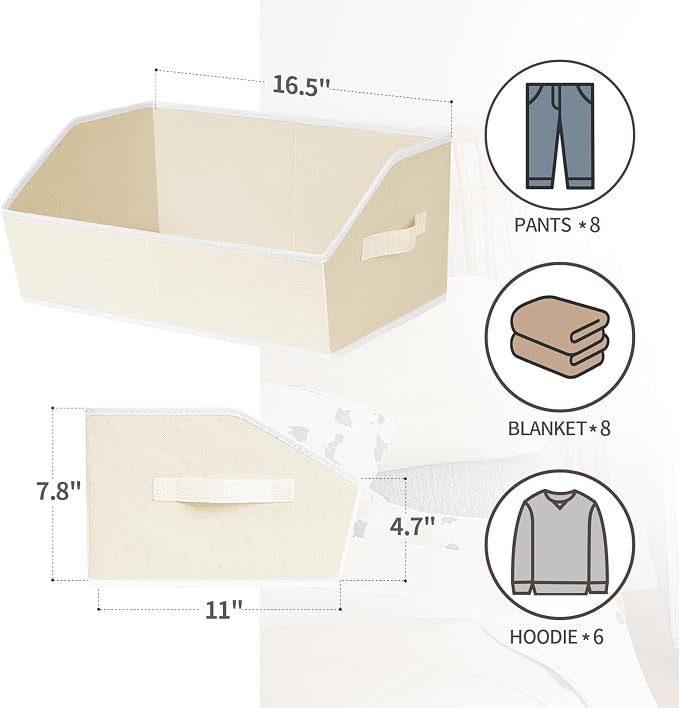 Homsorout Trapezoid Closet Shelf Organizer - Large Baskets for Organizing, Fabric Storage Box for Shelves, Cube Storage Bins for Clothes, Books, Blankets, 3 Pack, Beige - Image 2