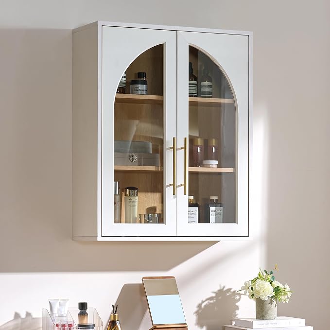 Bathroom Wall Cabinet, 23.5×31.4'' Storage Cabinet, Arched Cabinet Wall Mount with Adjustable Shelf & Glass Doors, Medicine Cabinet for Laundry Room, Bathroom, Kitchen, Living,White/Natural Oak,1PC - Image 9