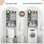 SUPER DEAL Over The Toilet Bathroom Storage Cabinet Freestanding Wooden Bathroom Organizer with Adjustable Shelves and Glass Door, Gray - Image 3