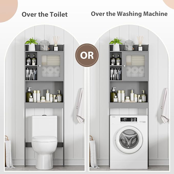 SUPER DEAL Over The Toilet Bathroom Storage Cabinet Freestanding Wooden Bathroom Organizer with Adjustable Shelves and Glass Door, Gray - Image 3