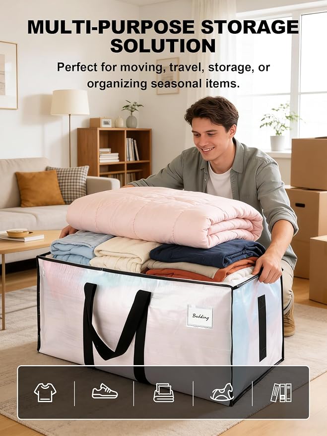 HOMESURE Supports 200lbs Heavy Duty Moving Bags - Strong Zipper & Wrap-Around Handles - Water-Resistant Storage Totes, Durable Alternative to Moving Boxes - 40 Pack - Semi-Transparent - Image 4