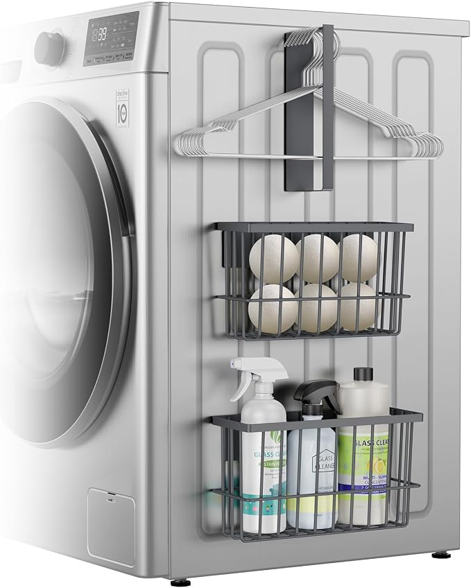 Laundry Room Organization and Storage Magnetic Dryer Ball Holder with Magnetic Hanger Holder, Magnetic Lint Bin for Washer Dryer, Iron Basket Dryer Ball Container, Magnetic Laundry Organizer (Gray) by Unknown