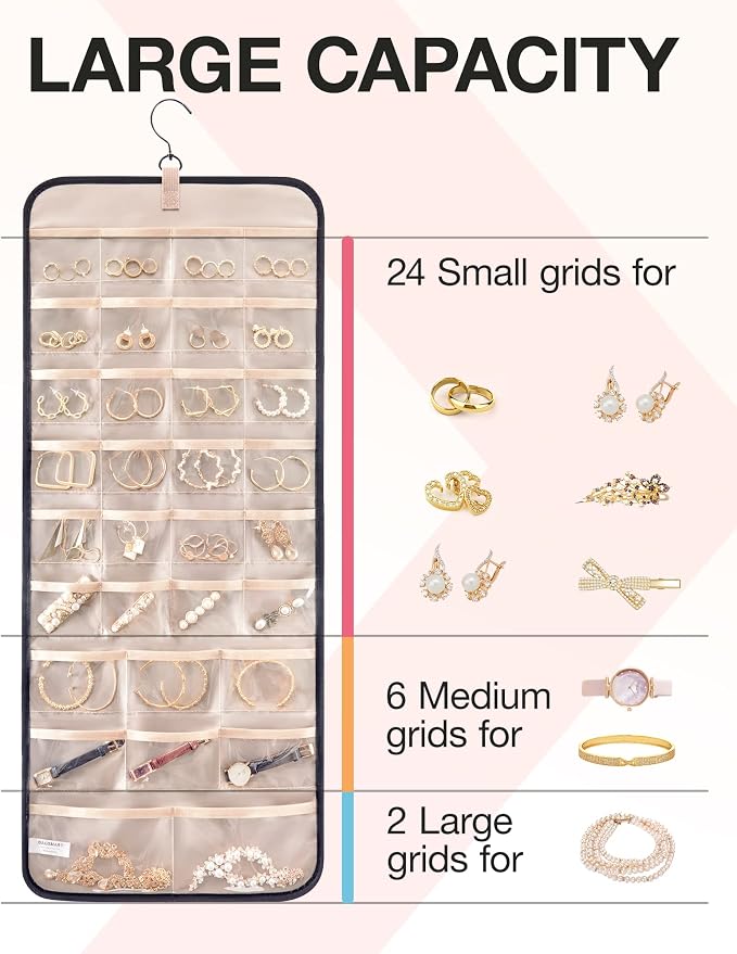 BAGSMART Hanging Jewelry Organizer Necklace/Earring/Ring 2-Sided L Black - Image 3
