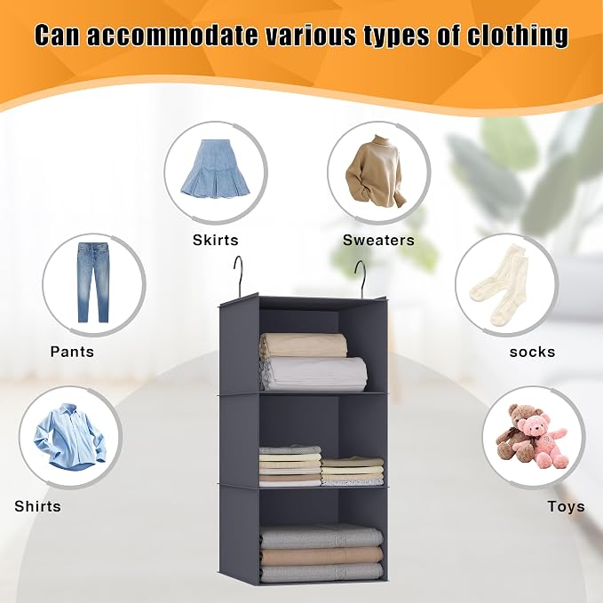 Hanging Closet Organizer 3-Shelf, Oxford Fabric Wardrobe Storage, Dark Gray | Easy-mount foldable design holds clothes, handbags, shoes & accessories; washable Oxford fabric, sturdy and space-saving. - Image 7