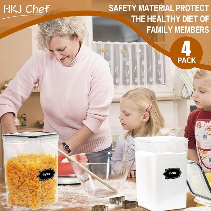 HKJ Chef 4 Pack Extra Large Airtight Food Storage Containers with Lids (6.5L / 220 oz), BPA Free Plastic Kitchen and Pantry Organization Contianers for Cereal Flour and Sugar Storage, Labels & Marker - Image 7