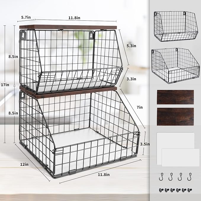 Mefirt Fruit Basket, Stackable Wall Mounted Fruit Baskets, Potato Baskets Onion Storage for Kitchen, Hanging Wire Basket with Wood Lid, 2-Tier Vegetable Organizer Kitchen Countertop Organization - Image 2