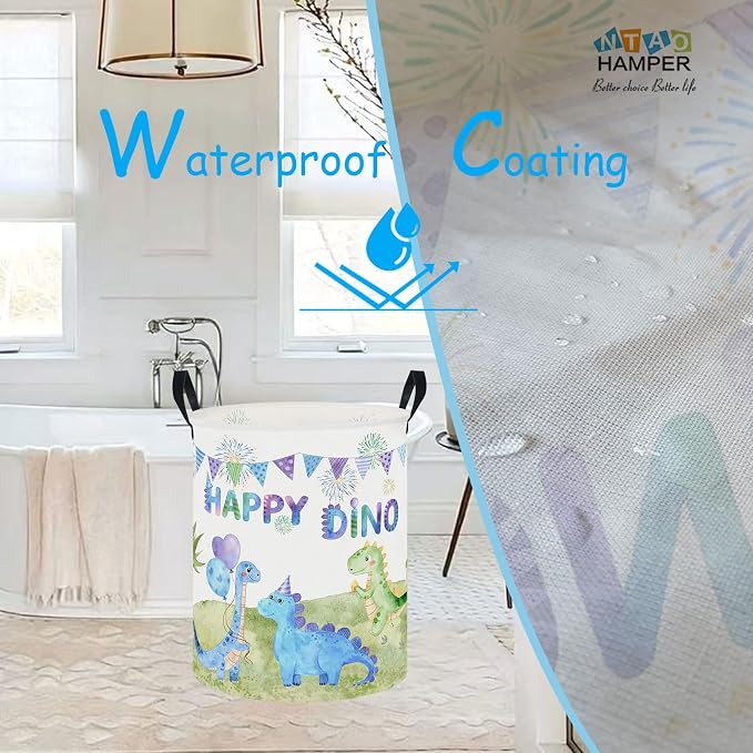 62L Kids Colorful Dinosaur Waterproof Laundry Hamper with Durable Leather Handle,Party Supplies Storage Picnic Large Storage Basket(Happy Dinosaur） - Image 3