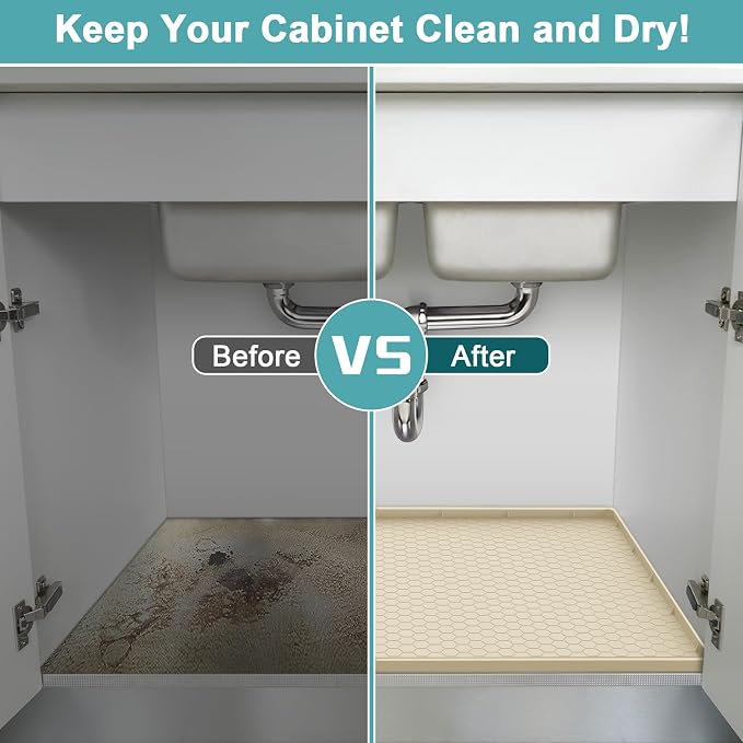 Under Kitchen Sink Mats and Protectors Waterproof, Silicone Under Sink Mat for 34" x 22" Cabinets, Under Sink Tray Organizer, Shelf Liner Cabinet Liner for Kitchen and Bathroom, Beige - Image 6