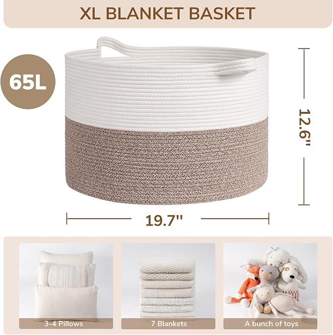 INDRESSME Large Woven Rope Blanket Basket Living Room Brown, 65L - Image 2