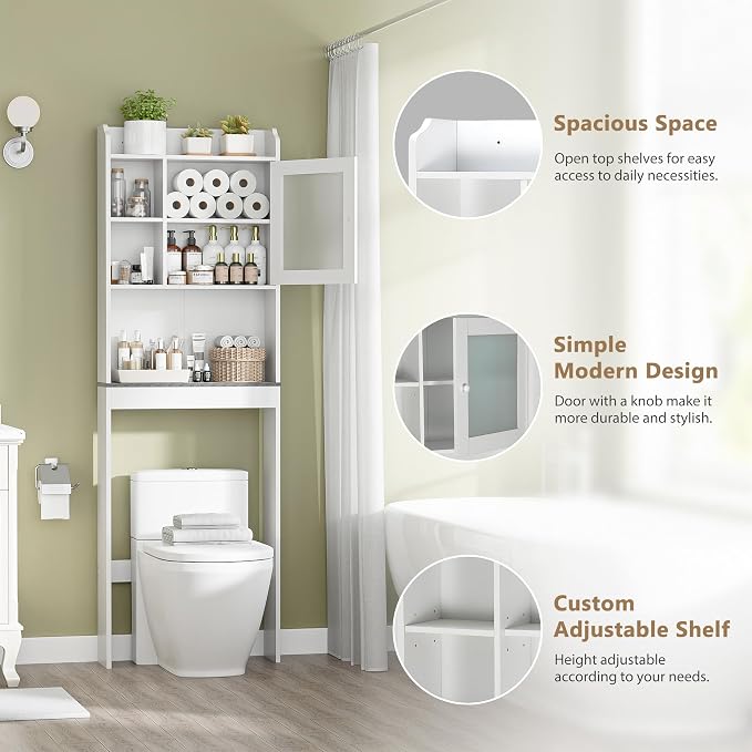 ZENY Over The Toilet Storage Cabinet, Bathroom Organizer with Adjustable Shelf and Double Doors, Freestanding Bathroom Space Saver Toilet Rack (White) - Image 4