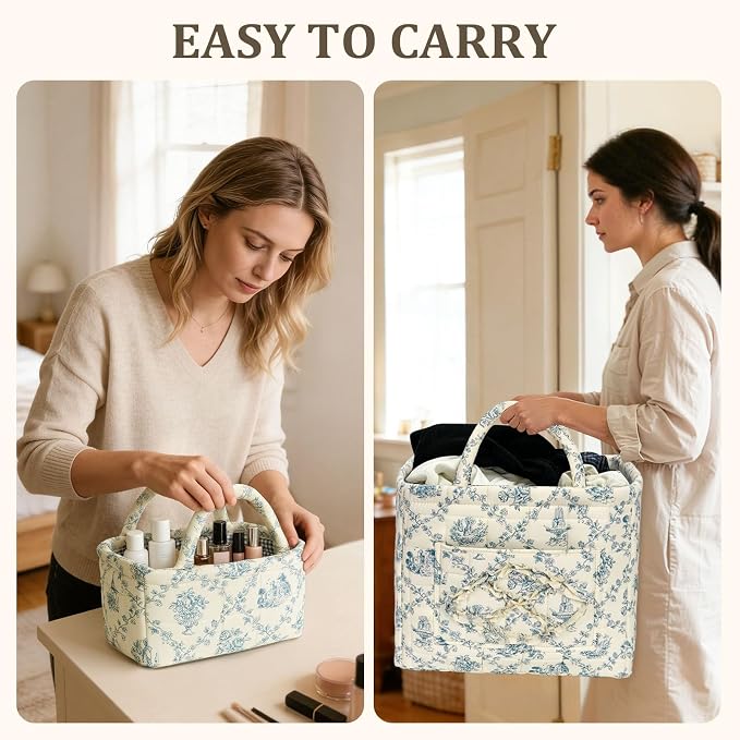 Fabric Storage Basket 2 Pack,Large and Mini Boho Laundry Nursery Hamper Portable Folding Organizer for Car Bedroom (Blue Vine) - Image 2