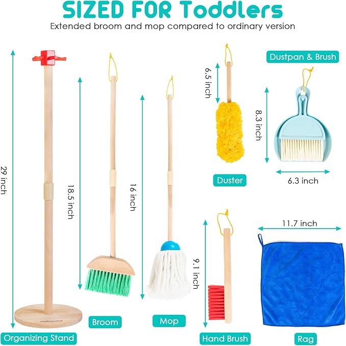 Kids Cleaning Set, 8 Pcs Wooden Housekeeping Play Toy Broom Mop Set - Image 6