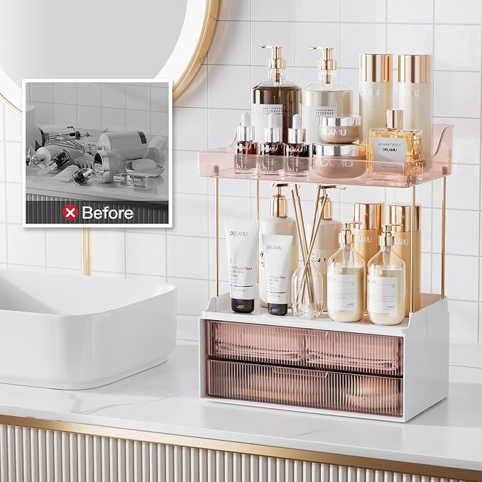 Delamu 4-Tier Makeup Organizer, Bathroom Counter, 2 Drawers, Grapefruit - Image 7