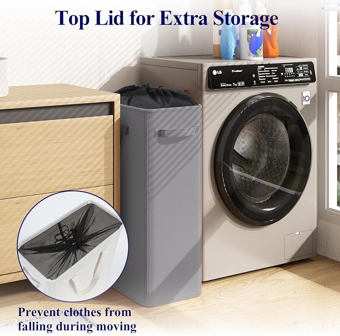 Optish 50L Slim Laundry Hamper, Small Laundry Hamper With Handles, Narrow Laundry Basket for Dorm, Bedroom, Living Room, Collapsible Laundry Basket, Grey - Image 4