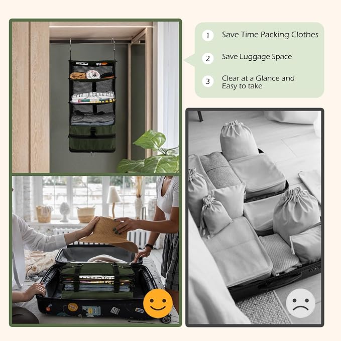 Surblue Hanging Closet Storage Bag Collapsible 3-Shelf Washable Oxford Fabric with 2 Hooks (L 11.41 * 11.41 * 19.68in, Dark Green) - Image 5