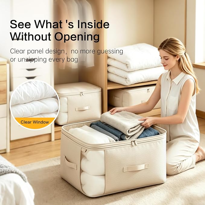 Comforter Storage Bag, Large Capacity Blanket Storage Bags 2-Layer Ultra Space Saving Self Compression Organizer, Heavy Duty Space Saver Organizer for Bedding, Clothes, Blanket, 2-Pack, Beige - Image 6