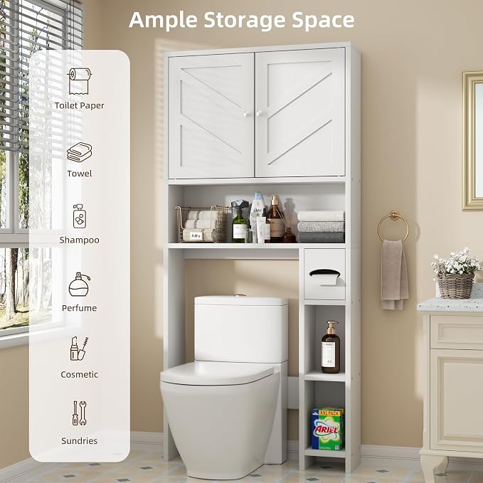 Shintenchi Over the Toilet Storage Cabinet, Bathroom Storage Cabient with Barn Doors, Bathroom Storage Shelf Organizer with Toilet Paper Holder, Adjustable Shelf and Anti-Tip Device, White - Image 4