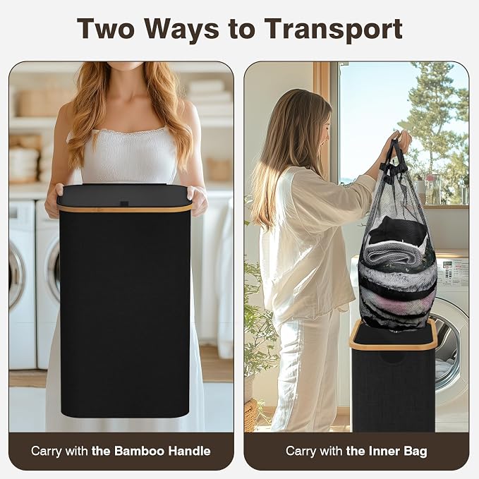 Bathola Laundry Hamper with Lid, Laundry Basket with Removable Bag, Black - Image 3