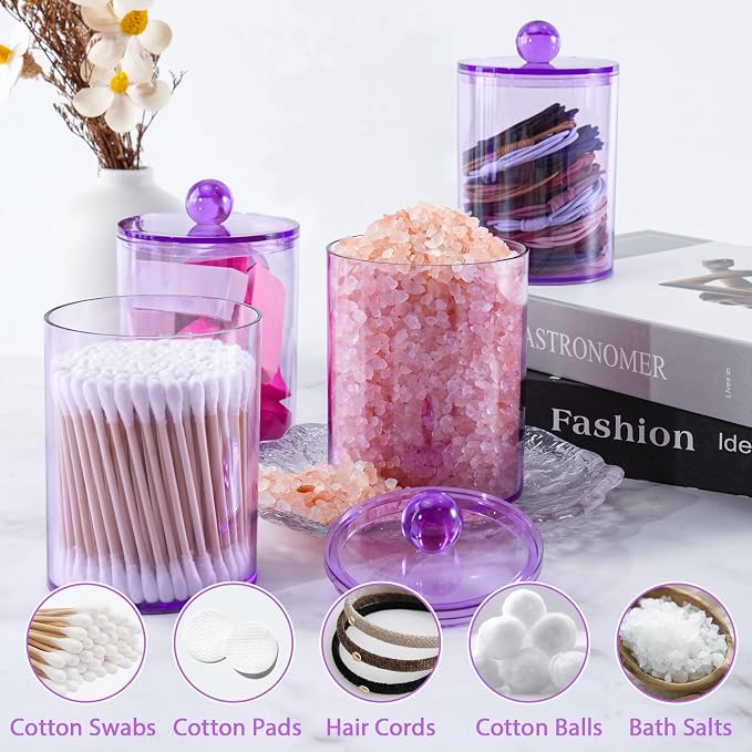 6 Pcs Acrylic Qtip Holder, Cotton Ball Holder Jars with Lids, Purple - Image 4