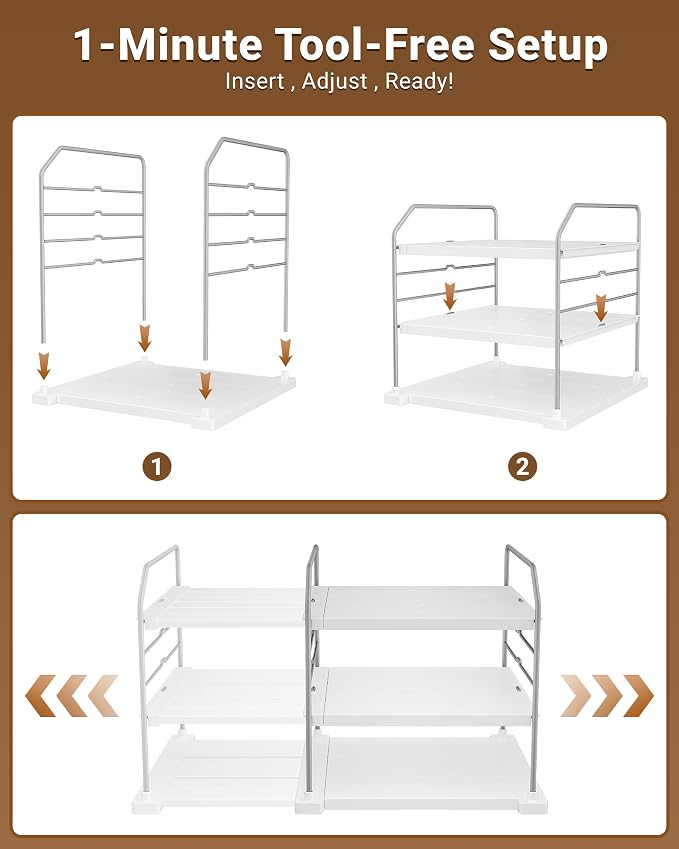 EVERIE Extendable 3-Tier Kitchen Cabinet & Pantry Organizer for Plastic Wrap, Foil & Storage Bags, Adjustable Heavy Duty Shelf Rack for Wrap Boxes, Jars & Snack Boxes (11–16.7 in Wide), Pack of 2 - Image 6