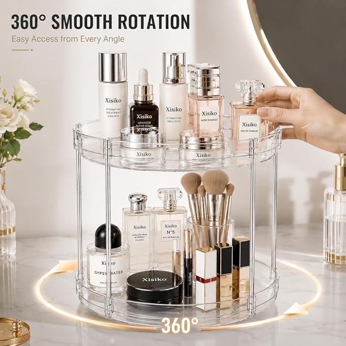 360° Rotating Bathroom Counter Organizer, 2 Tier Clear Makeup Organizer Vanity Storage for Skincare Perfume Cosmetics, Lazy Susan Spinning Storage for Bathroom Vanity Kitchen - Image 4