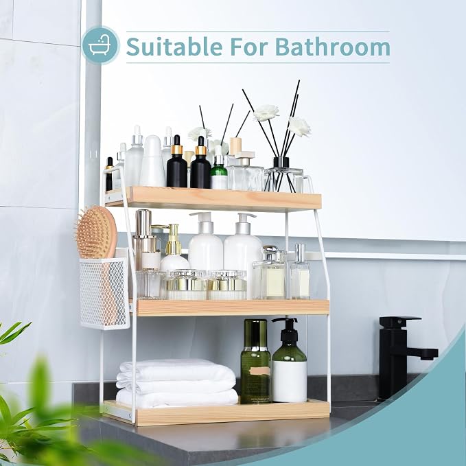 Uneviesyka Bathroom Counter Organizer, 3-Tier Standing Storage Shelf with Basket, Wood Tray for Skincare Vanity Organizer(White) - Image 4