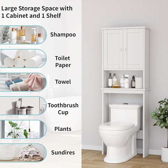 Shintenchi Over the Toilet Storage Cabinet, Bathroom Shelf Organizer with Anti-Tip Device Small Freestanding Space Saver with Adjustable Shelf，White - Image 4