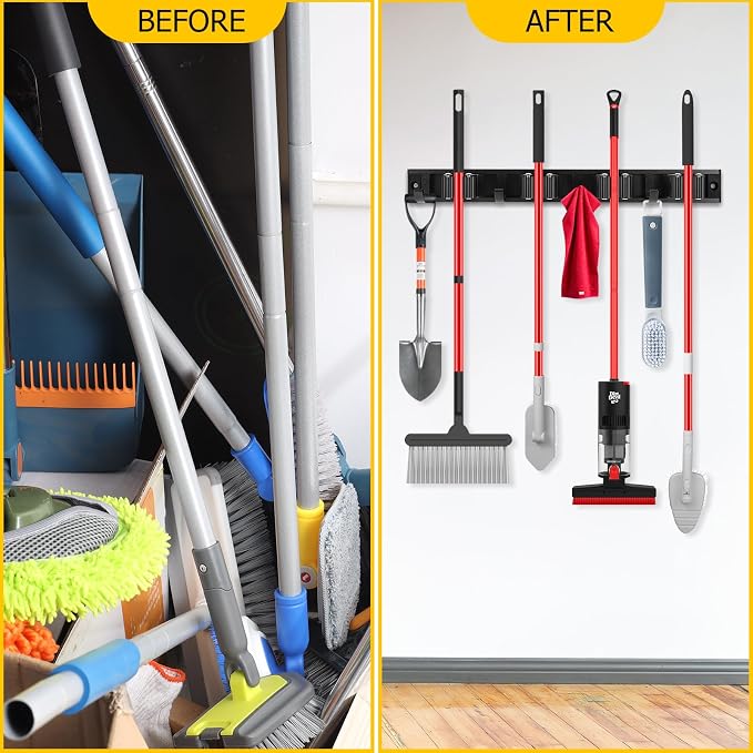 2 Pack Wall Mount Broom Holder with Sliding 3 & 4 Racks 4 Hooks，Mop Hanger - Image 6