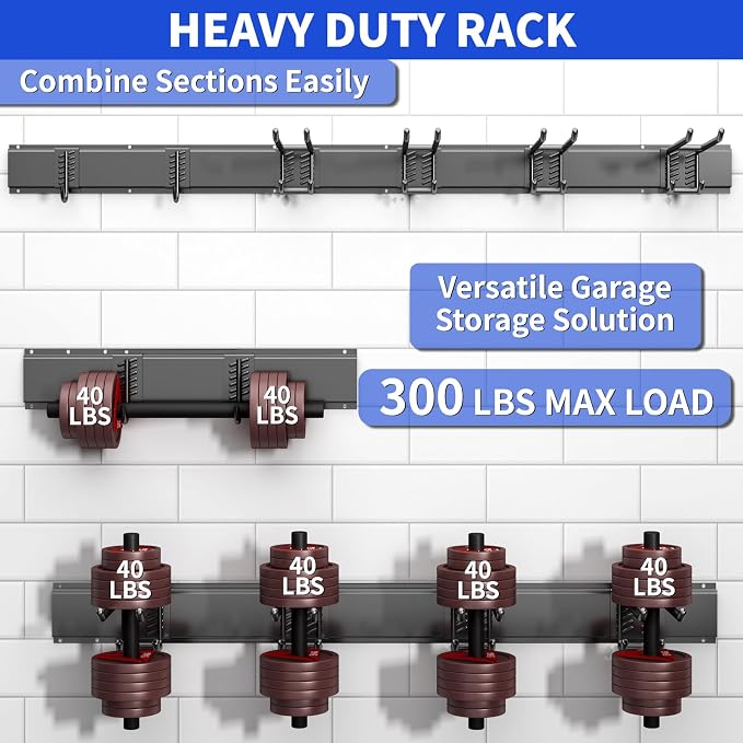 Garage Tool Organizer Wall Mount, 32 Inch Heavy Duty Garden Tool Organizer Storage System, Easy Install with 6 Adjustable Straight Hooks, for Garage, Basement, Shed, Workshop, Black, Steel - Image 3