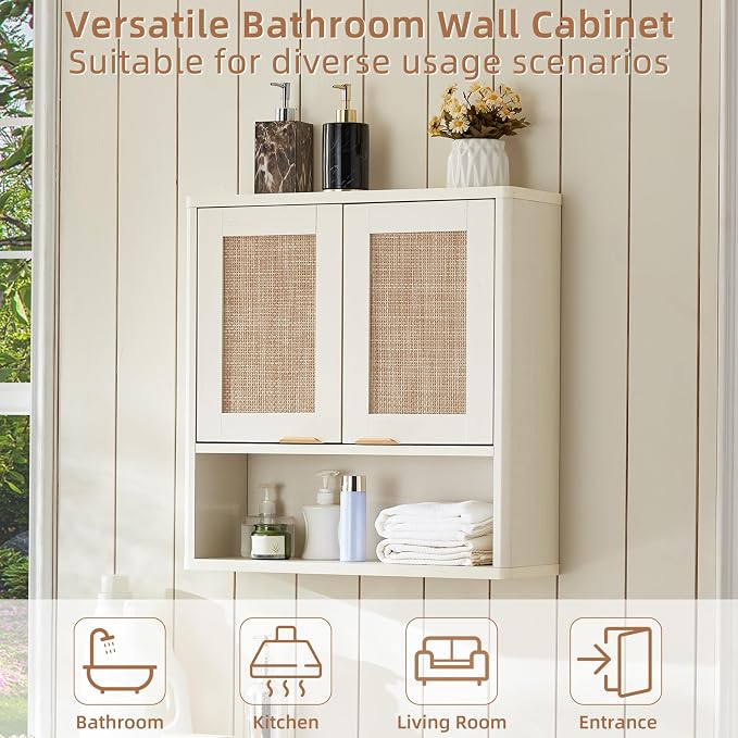 LEYAOYAO Rattan Bathroom Wall Storage Cabinet, Boho Medicine Cabinet - Image 5