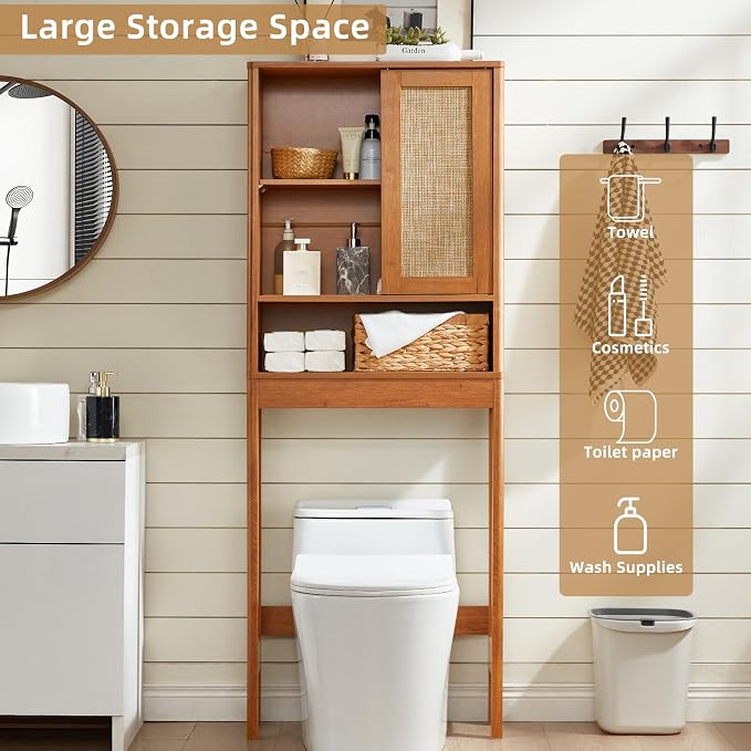 LEYAOYAO 68" Boho Over the Toilet Storage Cabinet with Rattan Sliding Door - Image 7