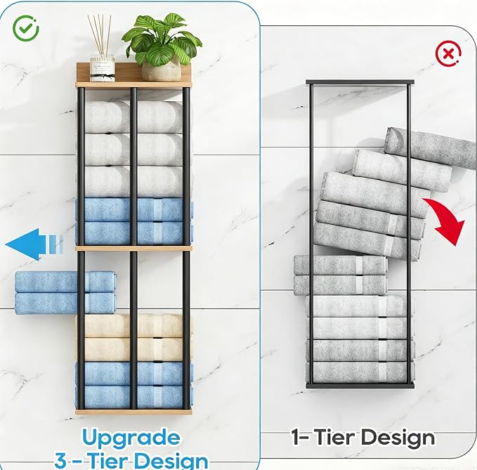 Towel Racks for Bathroom Wall Mounted with Wooden Storage Shelf - Image 5