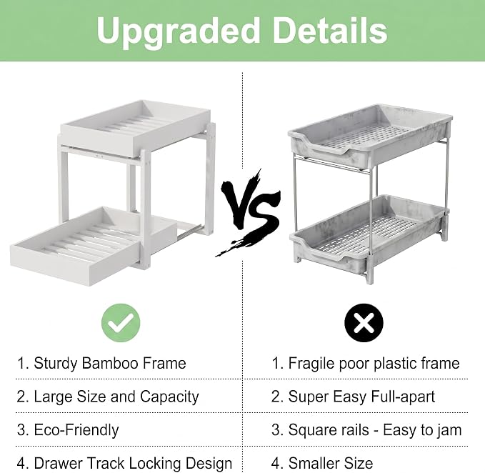 MHXW SXPN Bamboo Under Sink Organizer, 2 Pack Pull Out Cabinet Organizer - Image 6