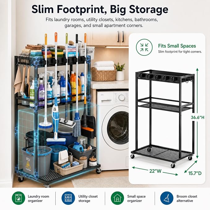 Cleaning Supplies Organizer Cart with Wheels, Broom and Mop Holder with 5 Grippers, 6 Hooks, 3 Shelves, Rolling Broom Closet Storage Rack for Laundry Room, Kitchen, Bathroom, Garage, Poolside - Image 4