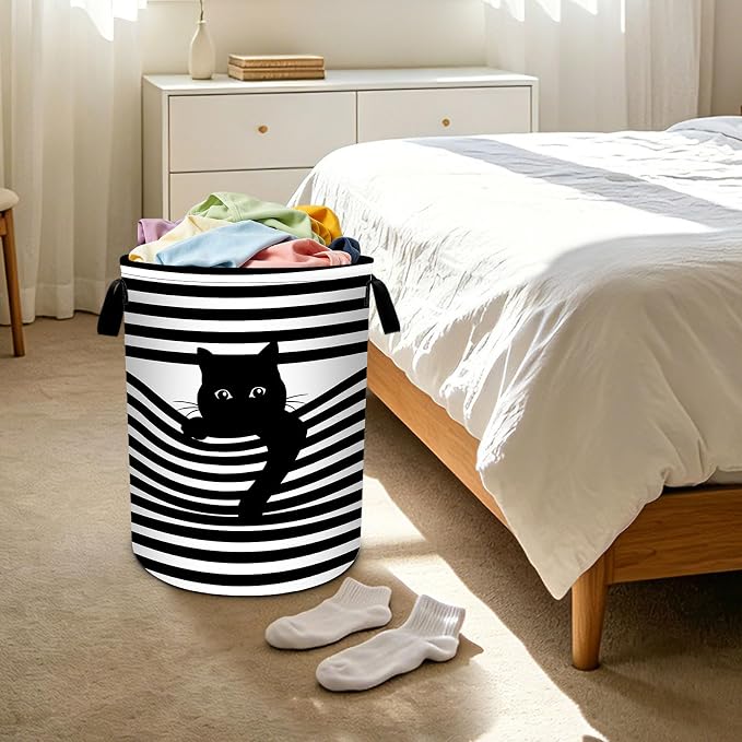 Black White Cat Laundry Basket Foldable Laundry Hamper With Handles Clothes Storage Bucket Organizer Laundry Bag For Bedroom Bathroom Laundry Storage 19.6 x 15.7 - Image 6