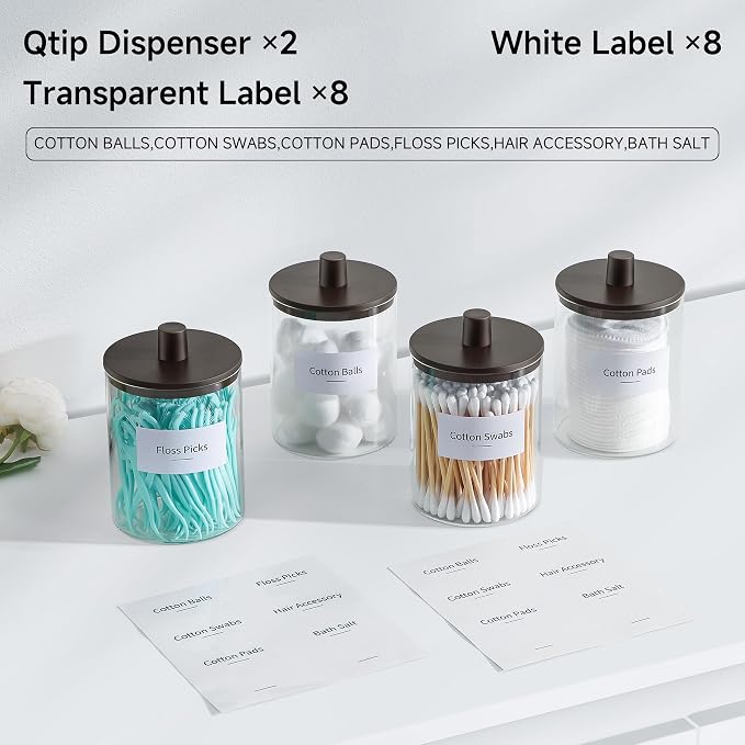 TIPGO Glass Qtip Holder Dispenser for Bathroom - 10 oz Clear Canister Apothecary Jar for Cotton Swabs, Balls, Pads, Floss Picks, Small Containers for Makeup Storage Organizer (2 Pack, Brown) - Image 4