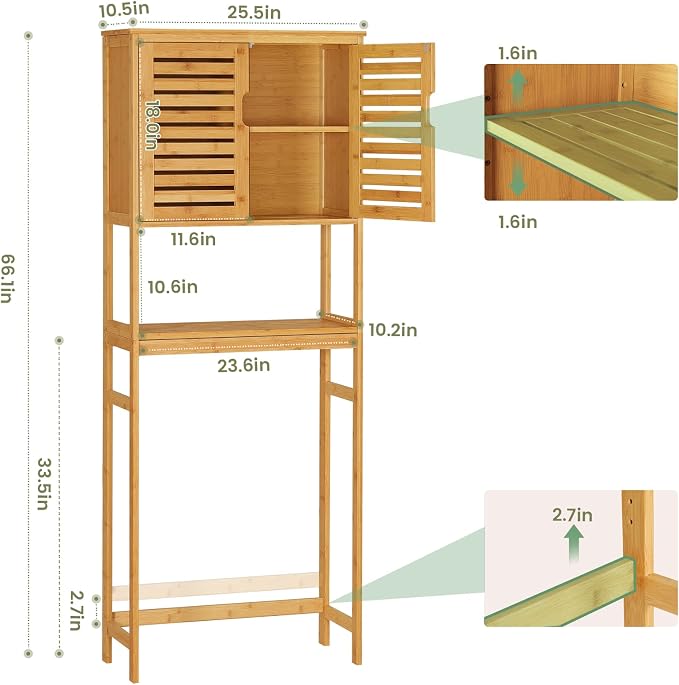 VIAGDO Over The Toilet Storage Cabinet, Tall Bathroom Cabinet Organizer with Cupboard and Adjustable Shelves, Freestanding Toilet Shelf Space Saver Rack Stand for Laundry Room, Balcony, Bamboo - Image 2