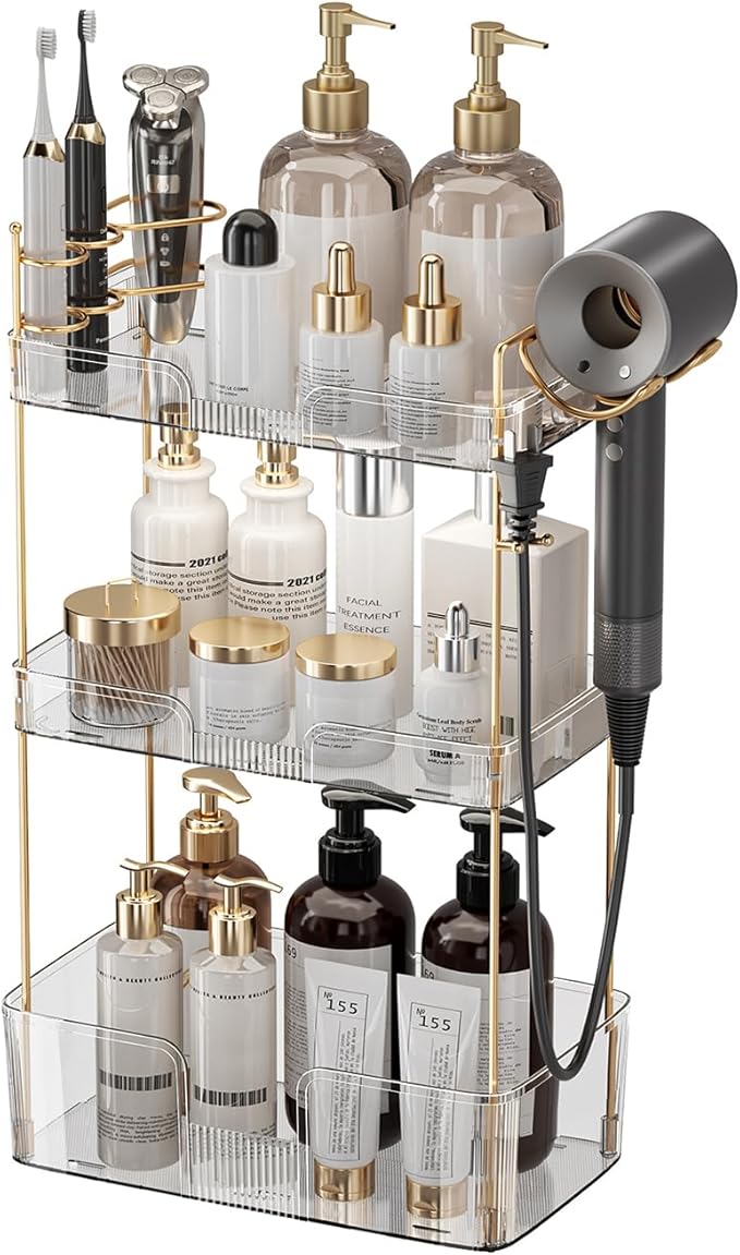 Aveniee Bathroom Counter Organizer Countertop, 3 Tier Makeup Perfume Storage with Hair Dryer Rack and Toothbrush Holder, Cosmetic Tray for Vanity - Clear by Aveniee