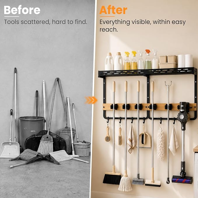 CONNOO Broom Holder Wall Mount with Shelf, Vacuum Organizer - Image 5