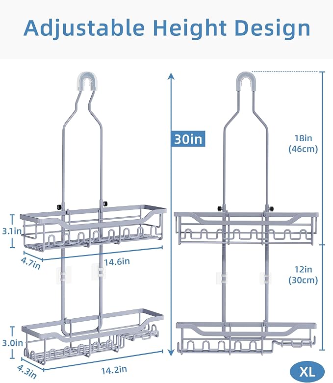 Shower Caddy Hanging Organizer, Extra Large Rack Over Showerhead with Hooks, Adjustable Height Shower Caddy for Big Shampoo Bottle, Grey - Image 2