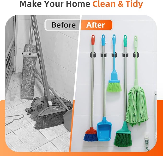 5 PCS Broom Holder Wall Mount, Upgraded Heavy Duty Mop and Broom Holder Wall Mount, Stainless Steel Broom Hanger Mop Holder Rack for Kitchen Laundry Garden Tool Organizer - Image 4