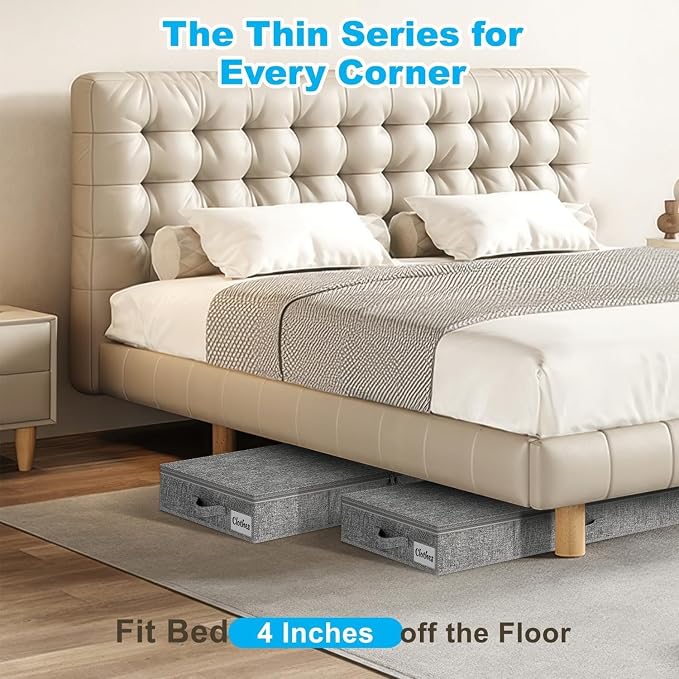 Under Bed Storage Container Bins 2 Pack, 4 Inch Thin Low Profile Underbed Clothes Storage Organizer for Dorm & Home, Use for Blanket and Toy Storage Box W/ Sturdy Bottom/Sides, Foldable Thick Fabric - Image 2