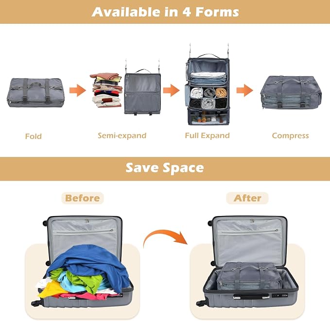 Surblue Hanging Travel Shelves Compression Packing Cube for Carry-on Luggage Suitcase Collapsible with Extension Layer Large Capacity, Grey, XXL - Image 3