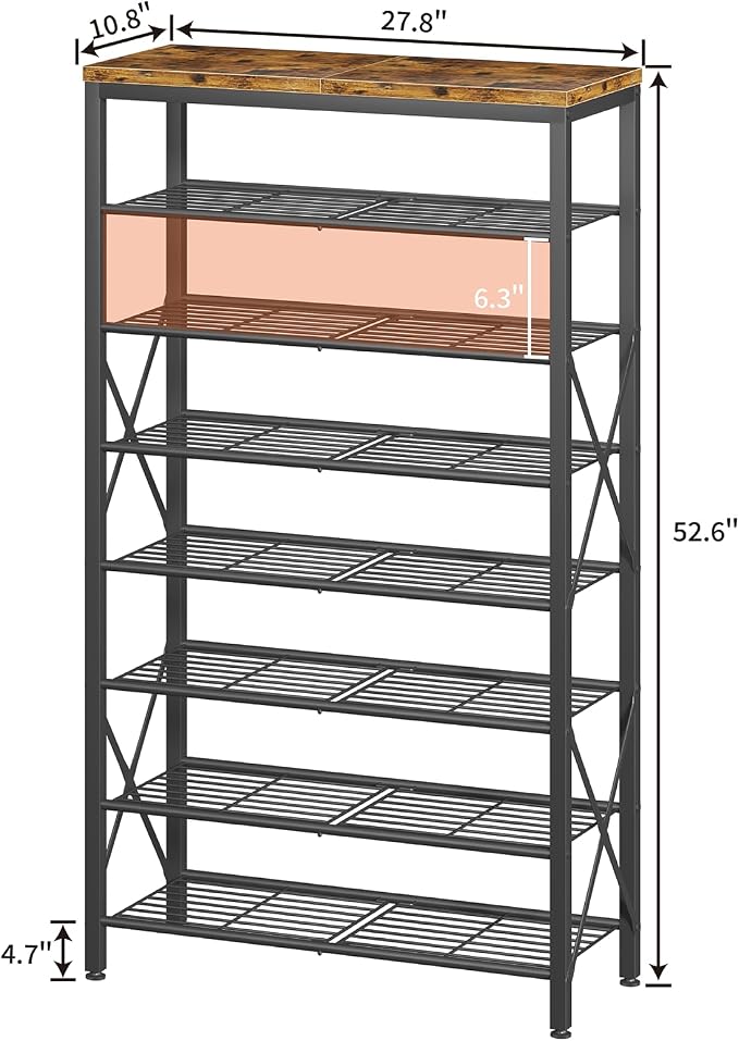 8-Tier Metal Shoe Rack for 32 Pairs, Heavy-Duty Shoe Organizer with Rustic Wooden Top, Space-Saving Entryway Shoe Storage for Closet, Garage, Hallway, Bedroom, Black & Rustic Brown - Image 3