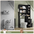 7-Tier L-Shaped Wooden Over the Toilet Storage Cabinet with Doors, Modern Over Toilet Bathroom Organizer Shelf with 2 Large Drawers, Bathroom Over Toilets Storage Cabinet, Space Saver, Black - Image 7